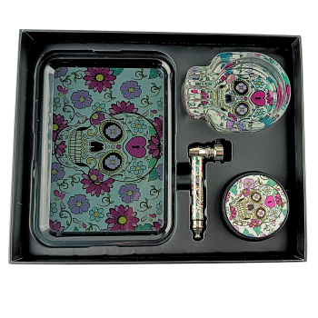 Geschenk Set Grinder/Pipe/Ascher/Tray, Skull/blau/pink